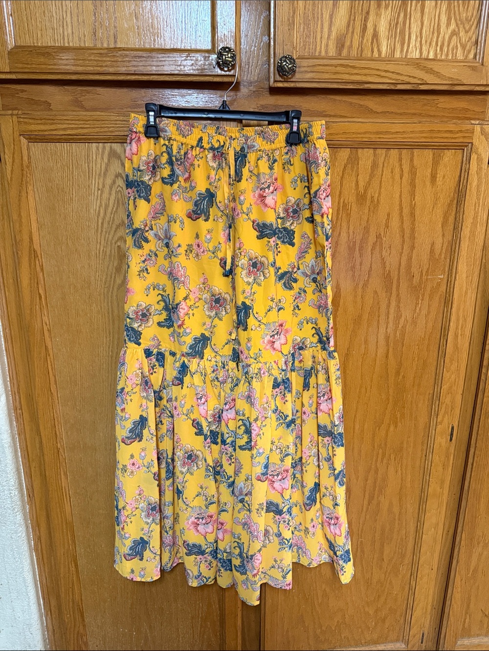 Yellow Floral Tiered wide leg pants with Pink & Green Accents